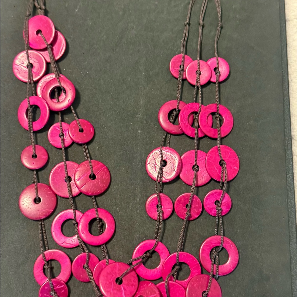 Women’s Hot Pink 3 strand Wood Disc Necklace
